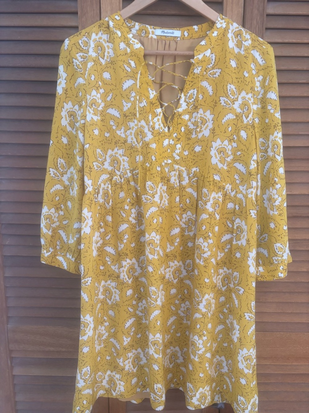 Madewell Mustard Yellow Floral boho midi dress. Flowy, airy and lace up front.